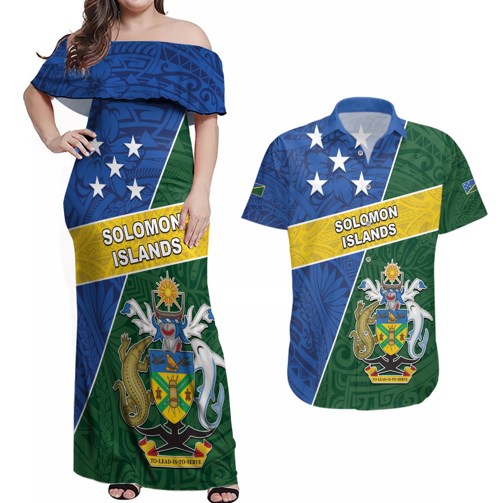 Personalised Solomon Islands Independence Day Couples Matching Off Shoulder Maxi Dress and Hawaiian Shirt With Coat Of Arms