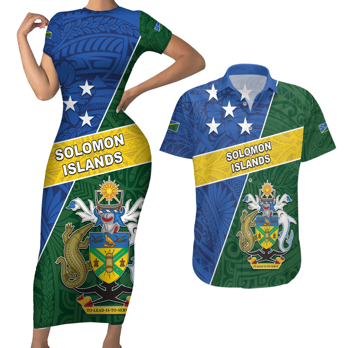 Personalised Solomon Islands Independence Day Couples Matching Short Sleeve Bodycon Dress and Hawaiian Shirt With Coat Of Arms LT05 Green - Polynesian Pride