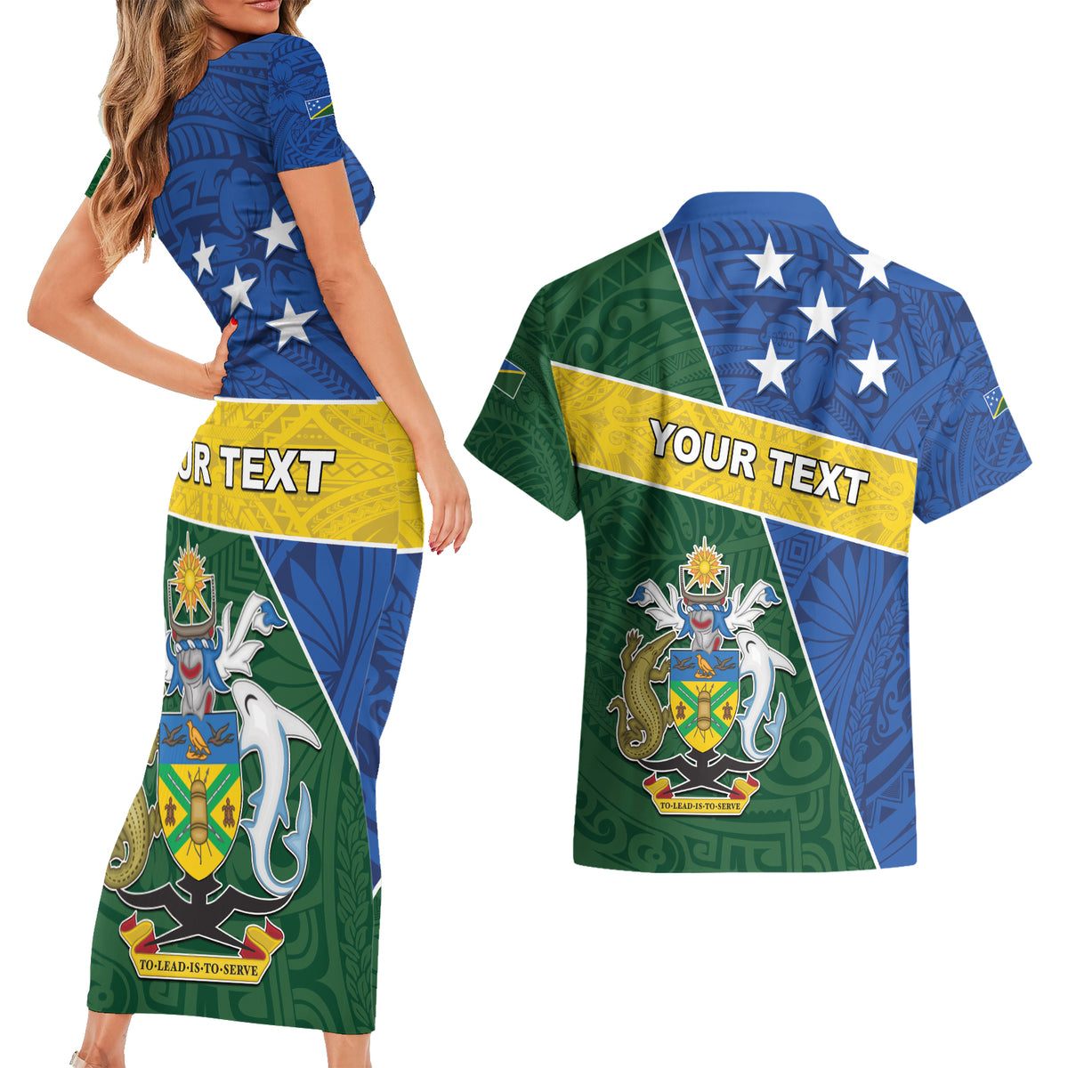Personalised Solomon Islands Independence Day Couples Matching Short Sleeve Bodycon Dress and Hawaiian Shirt With Coat Of Arms LT05 - Polynesian Pride