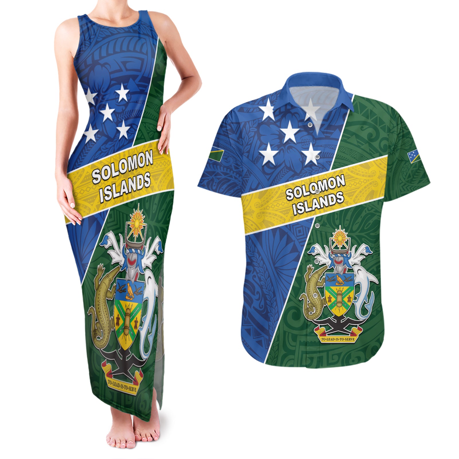 Personalised Solomon Islands Independence Day Couples Matching Tank Maxi Dress and Hawaiian Shirt With Coat Of Arms