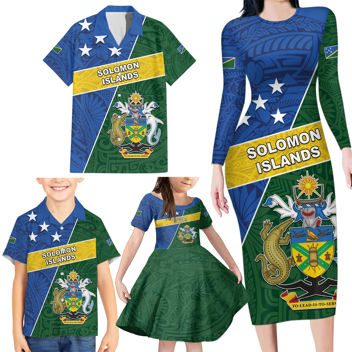 Personalised Solomon Islands Independence Day Family Matching Long Sleeve Bodycon Dress and Hawaiian Shirt With Coat Of Arms