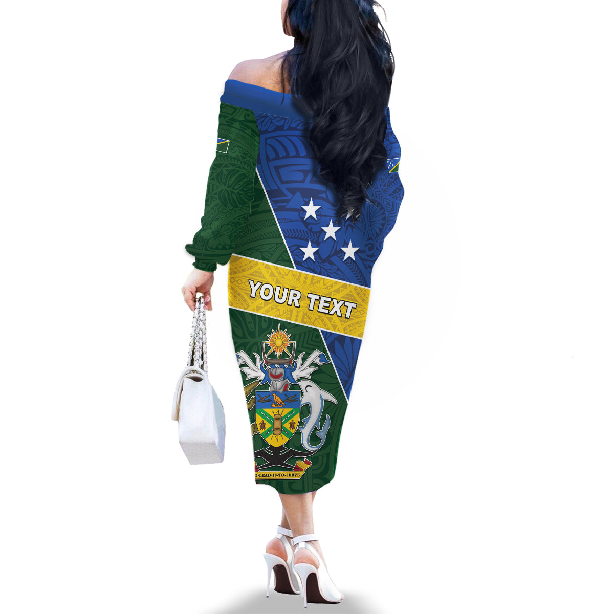 Personalised Solomon Islands Independence Day Family Matching Off The Shoulder Long Sleeve Dress and Hawaiian Shirt With Coat Of Arms