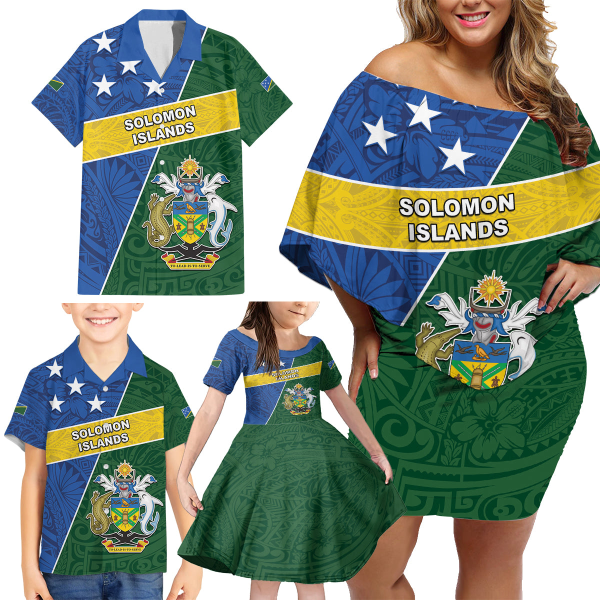 Personalised Solomon Islands Independence Day Family Matching Off Shoulder Short Dress and Hawaiian Shirt With Coat Of Arms