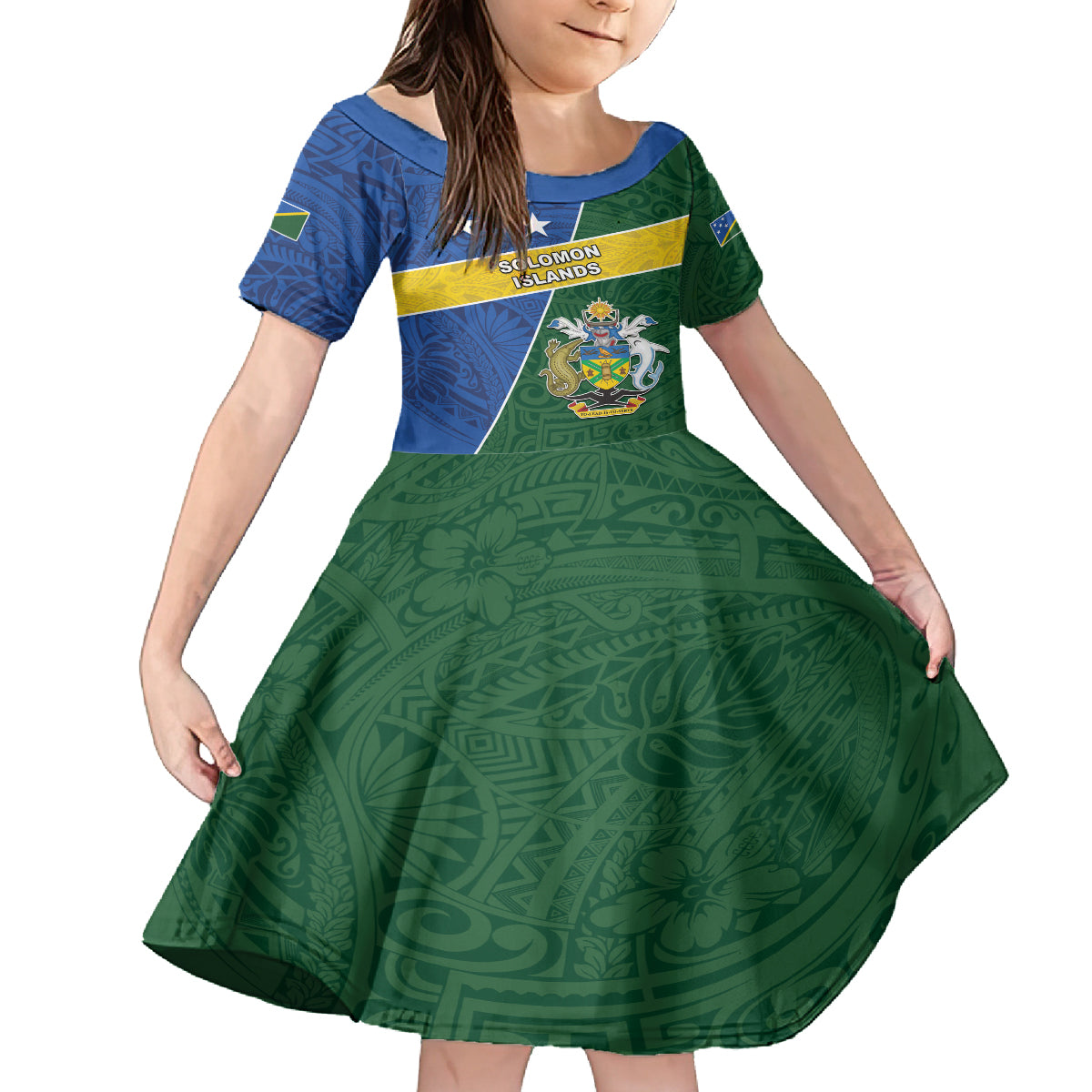 Personalised Solomon Islands Independence Day Family Matching Puletasi and Hawaiian Shirt With Coat Of Arms LT05 Daughter's Dress Green - Polynesian Pride