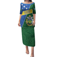 Personalised Solomon Islands Independence Day Family Matching Puletasi and Hawaiian Shirt With Coat Of Arms LT05 Mom's Dress Green - Polynesian Pride