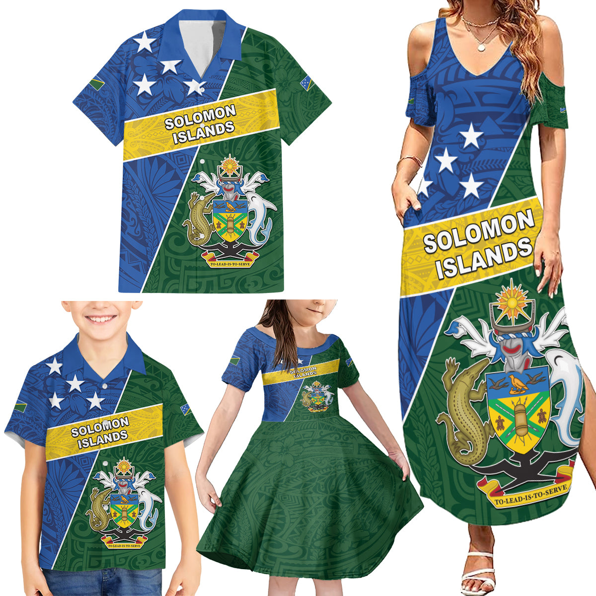 Personalised Solomon Islands Independence Day Family Matching Summer Maxi Dress and Hawaiian Shirt With Coat Of Arms