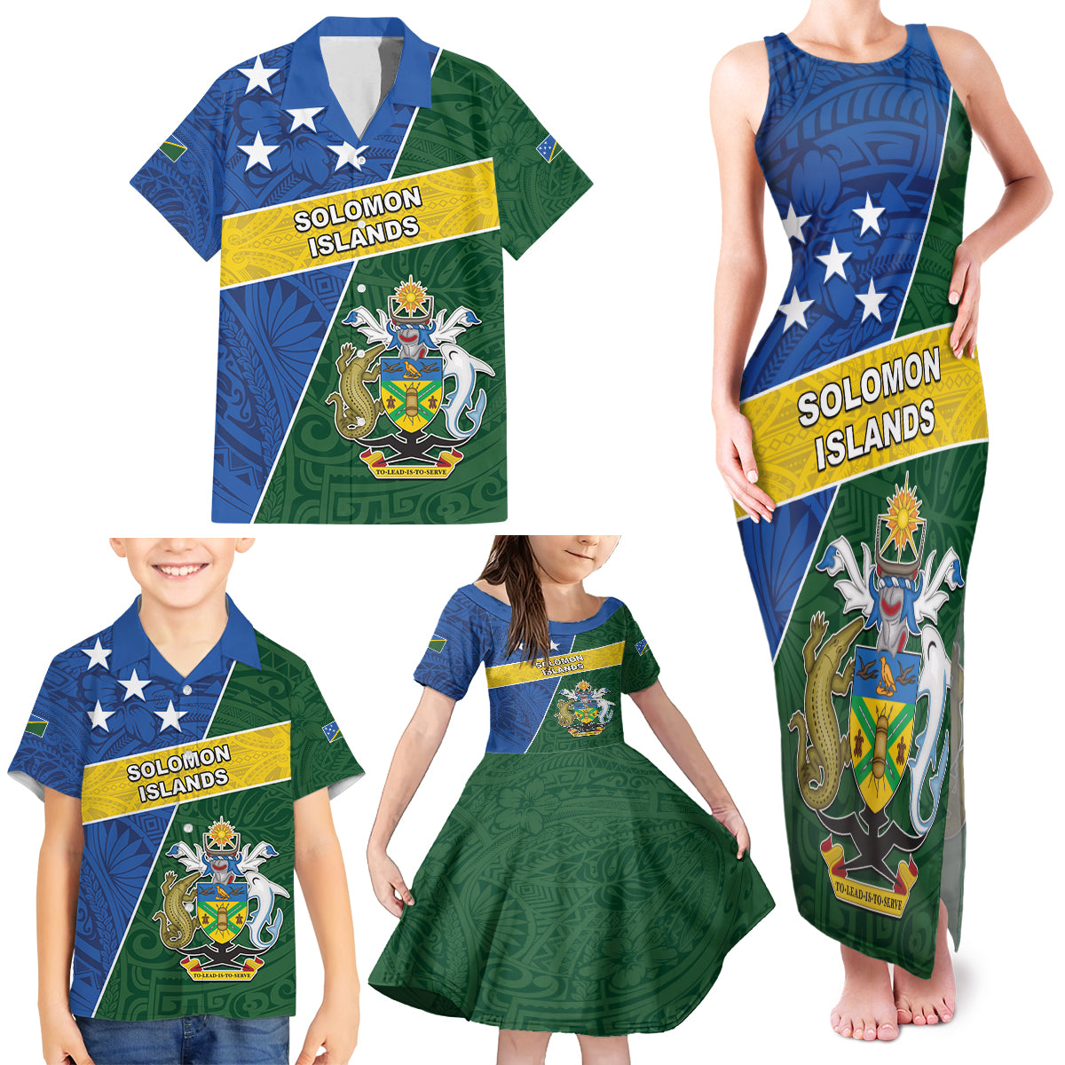 Personalised Solomon Islands Independence Day Family Matching Tank Maxi Dress and Hawaiian Shirt With Coat Of Arms