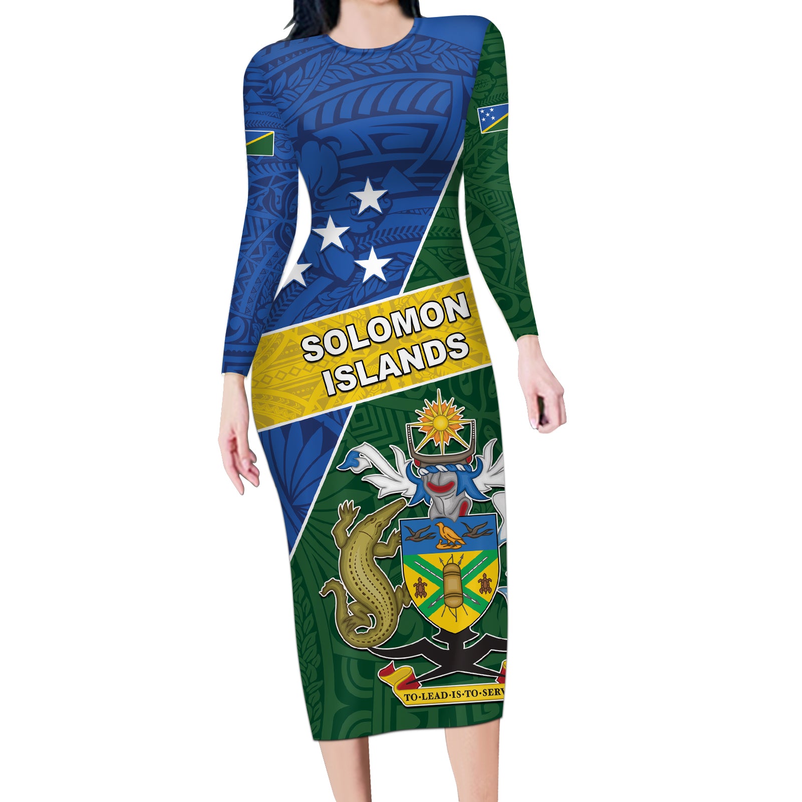 Personalised Solomon Islands Independence Day Long Sleeve Bodycon Dress With Coat Of Arms