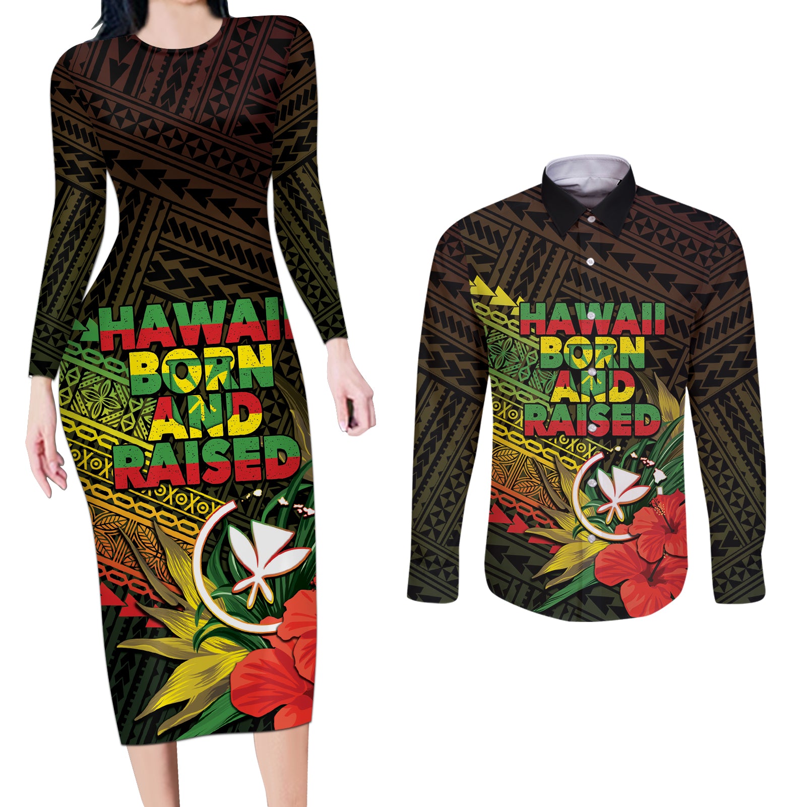 Personalized Hawaii Born and Raised Couples Matching Long Sleeve Bodycon Dress and Long Sleeve Button Shirt Kanaka Maoli Flag Day