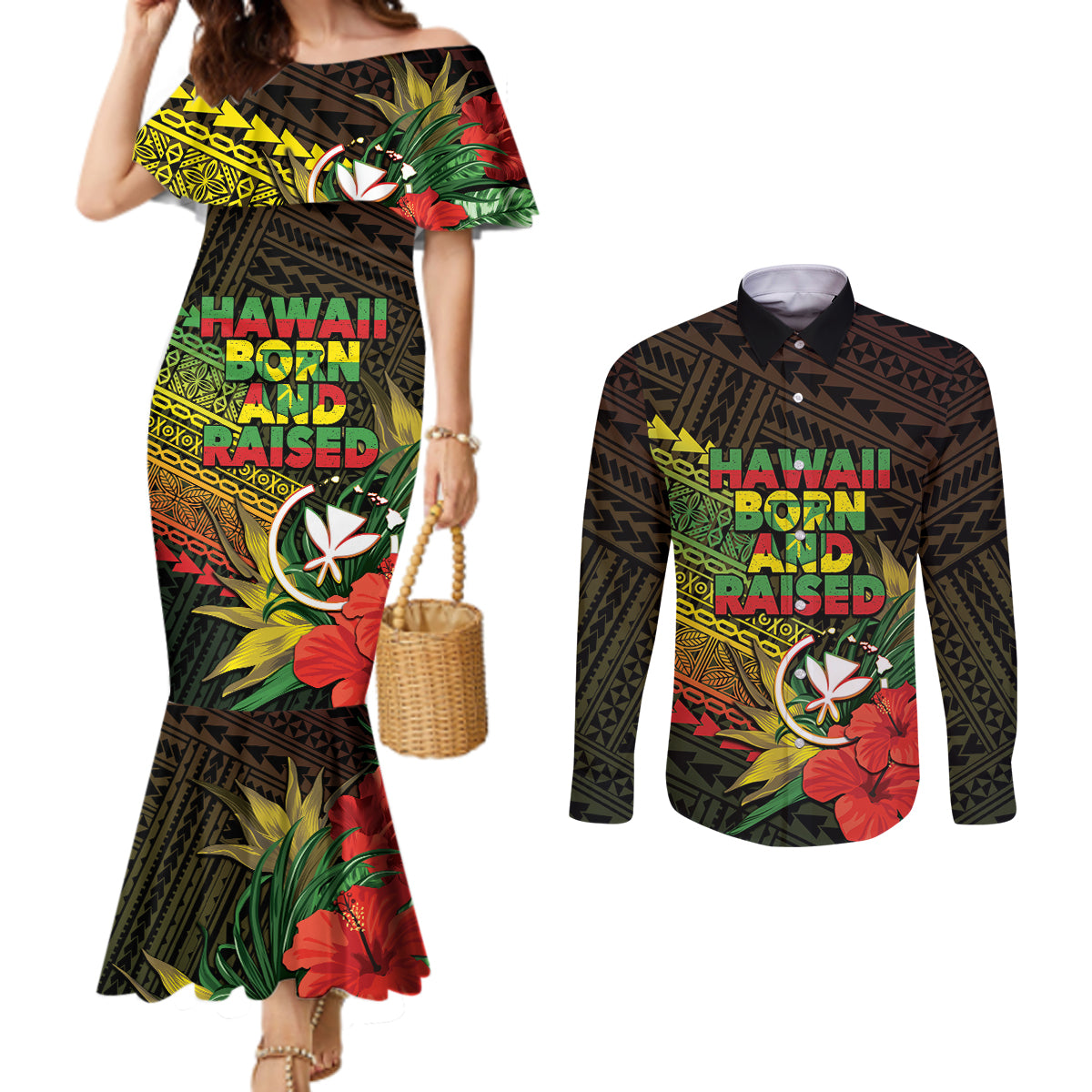 Personalized Hawaii Born and Raised Couples Matching Mermaid Dress and Long Sleeve Button Shirt Kanaka Maoli Flag Day