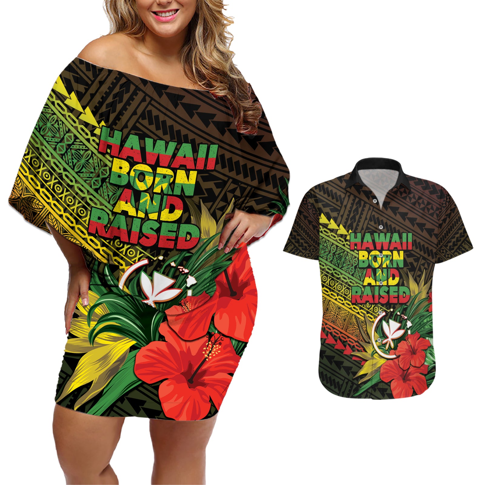 Personalized Hawaii Born and Raised Couples Matching Off Shoulder Short Dress and Hawaiian Shirt Kanaka Maoli Flag Day
