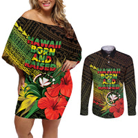 Personalized Hawaii Born and Raised Couples Matching Off Shoulder Short Dress and Long Sleeve Button Shirt Kanaka Maoli Flag Day
