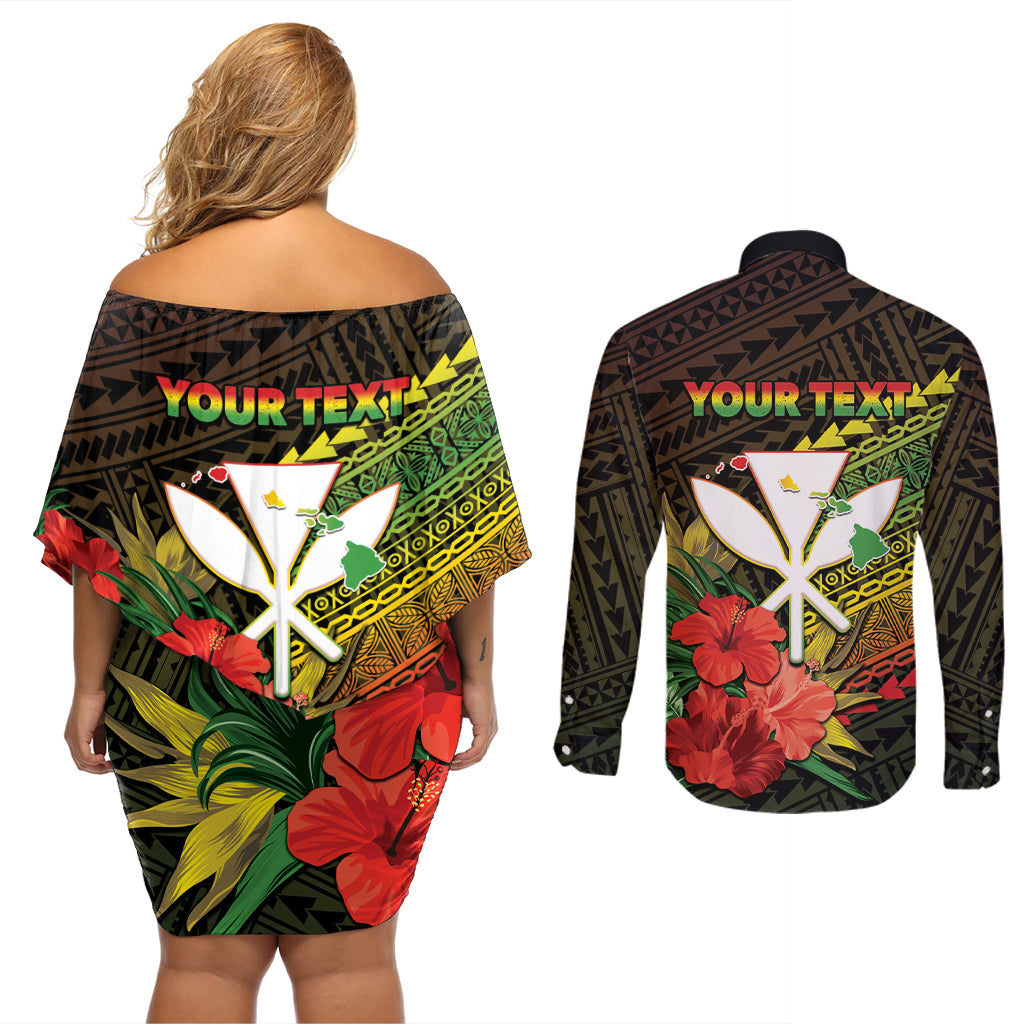 Personalized Hawaii Born and Raised Couples Matching Off Shoulder Short Dress and Long Sleeve Button Shirt Kanaka Maoli Flag Day