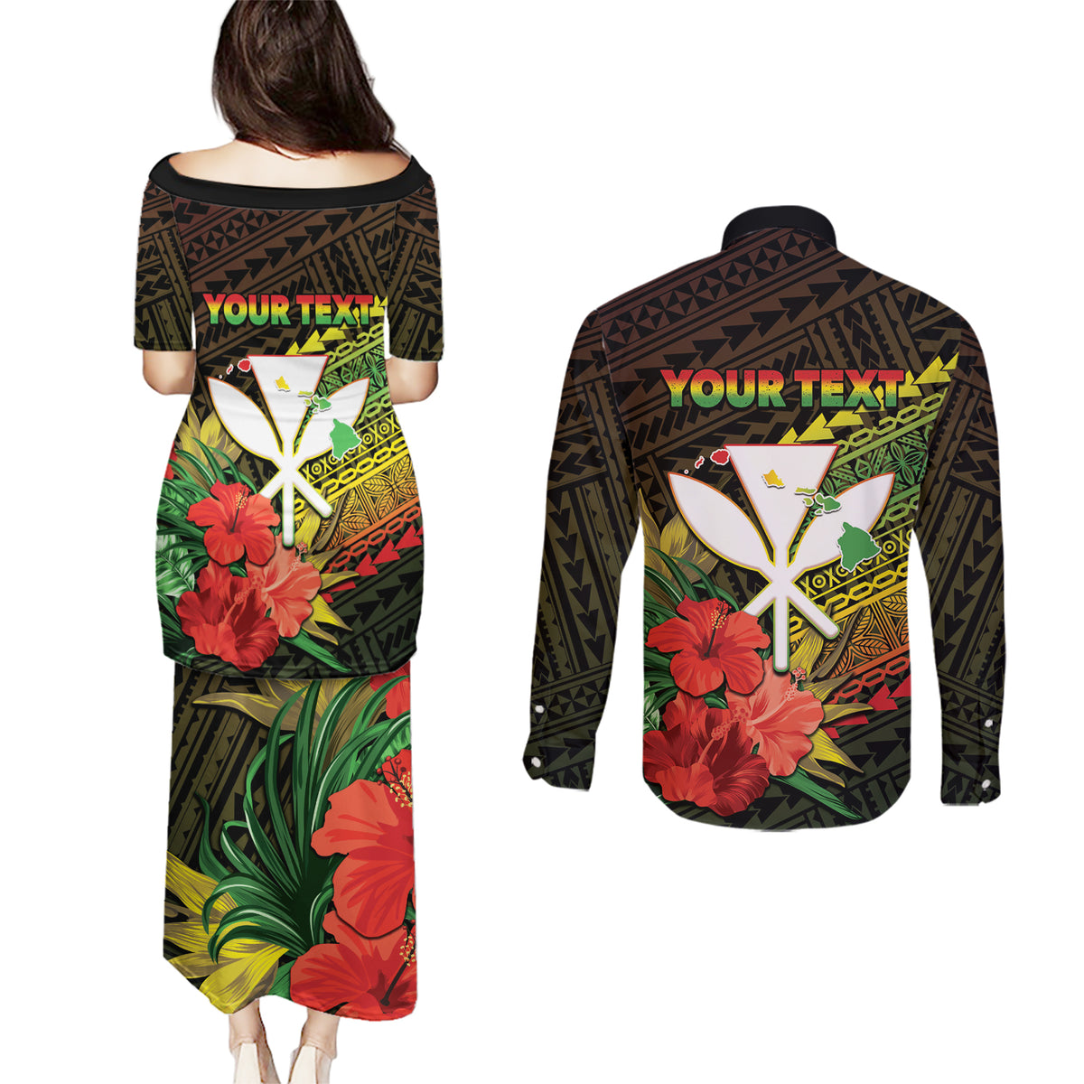 Personalized Hawaii Born and Raised Couples Matching Puletasi and Long Sleeve Button Shirt Kanaka Maoli Flag Day