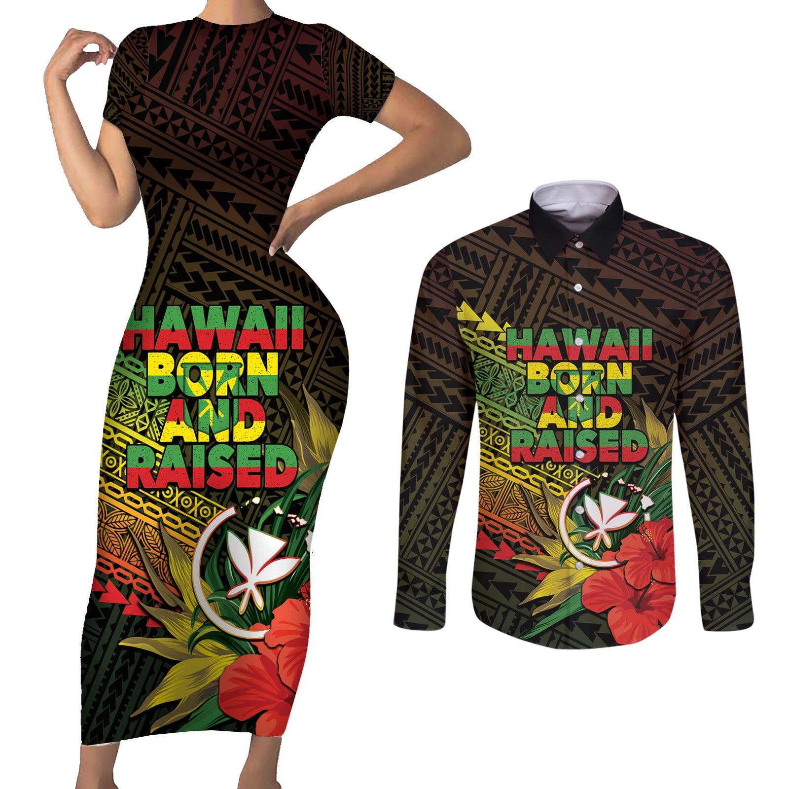 Personalized Hawaii Born and Raised Couples Matching Short Sleeve Bodycon Dress and Long Sleeve Button Shirt Kanaka Maoli Flag Day