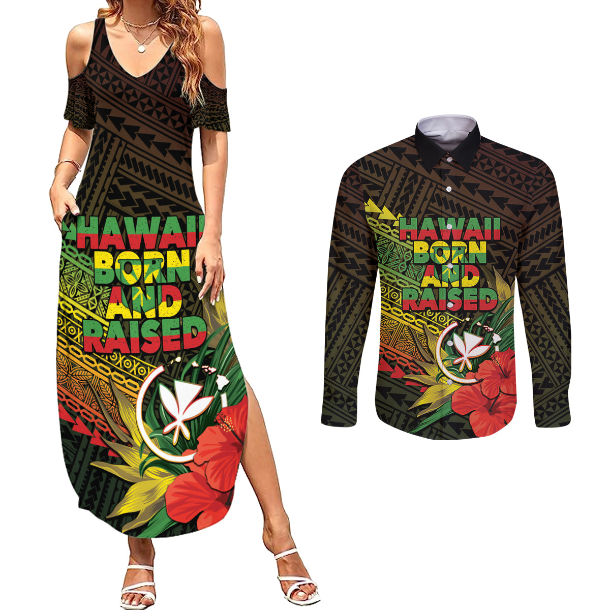 Personalized Hawaii Born and Raised Couples Matching Summer Maxi Dress and Long Sleeve Button Shirt Kanaka Maoli Flag Day