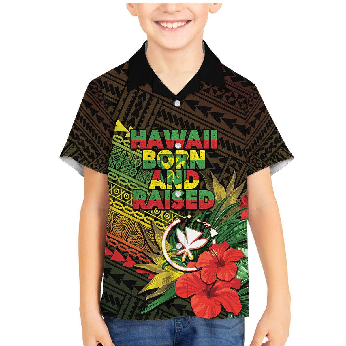Personalized Hawaii Born and Raised Family Matching Mermaid Dress and Hawaiian Shirt Kanaka Maoli Flag Day