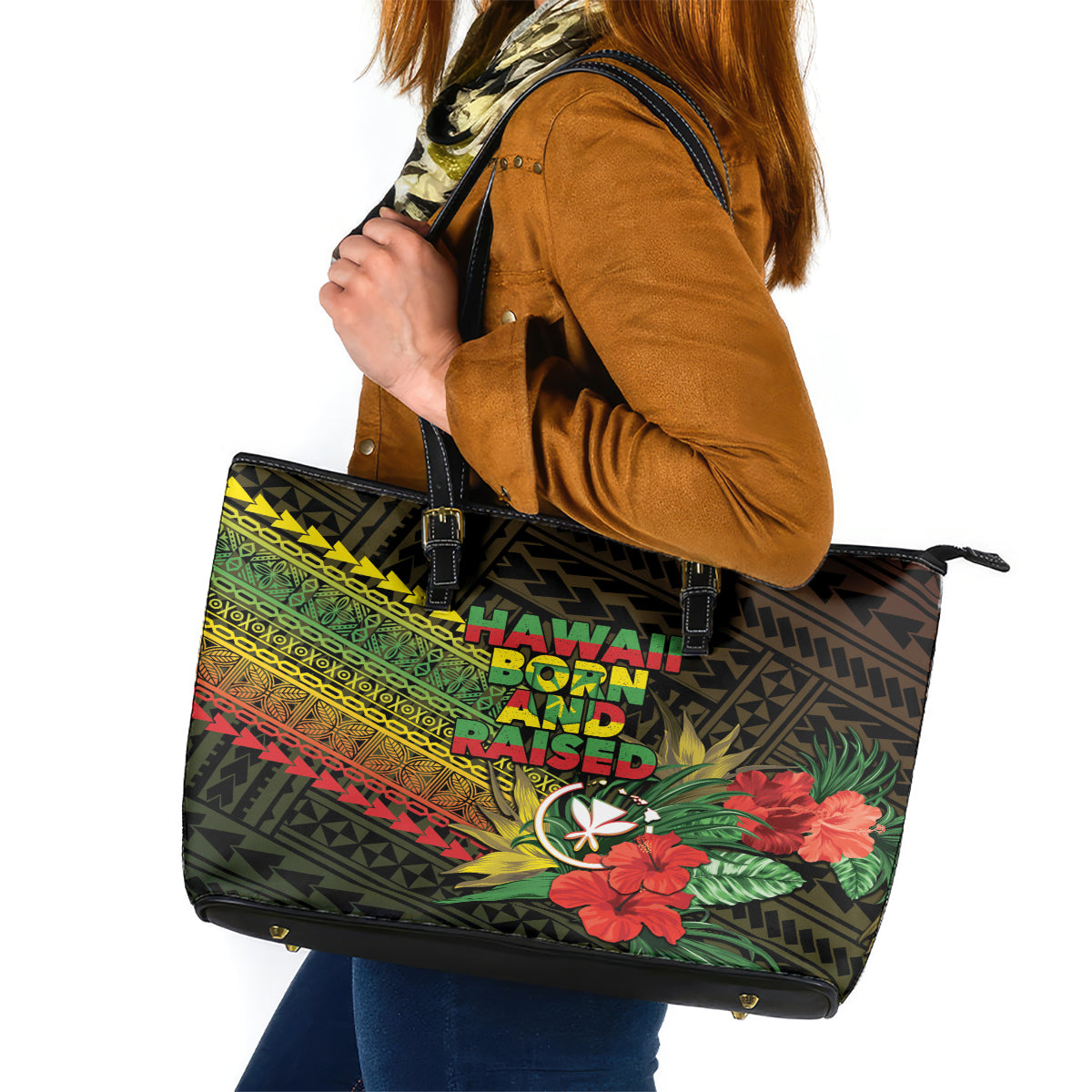 Hawaii Born and Raised Leather Tote Bag Kanaka Maoli Flag Day