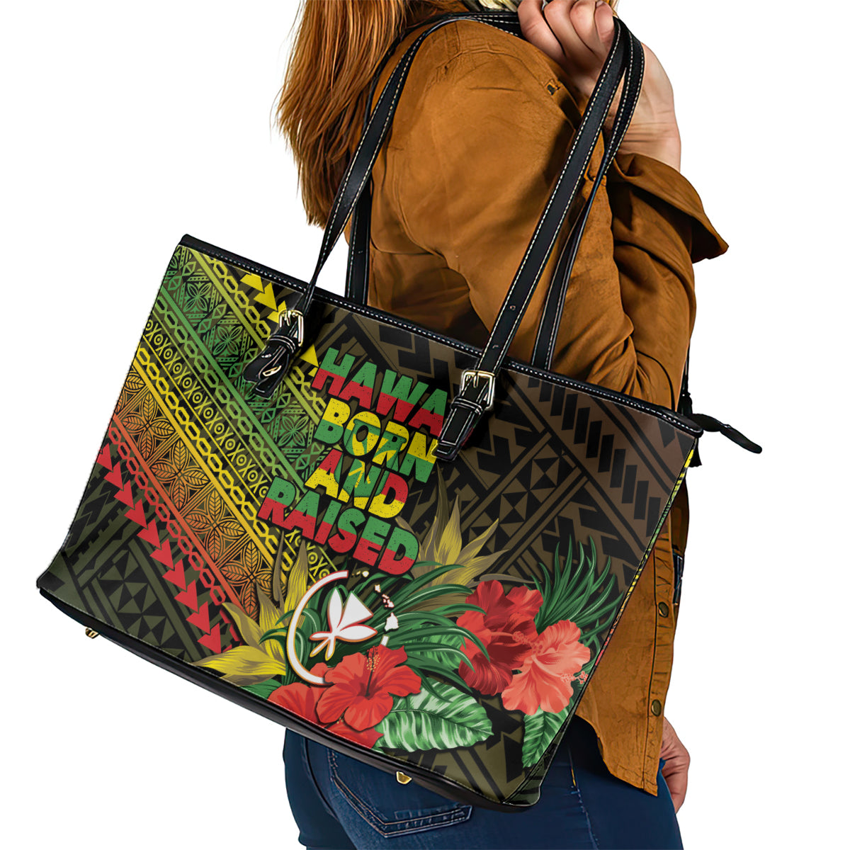 Hawaii Born and Raised Leather Tote Bag Kanaka Maoli Flag Day