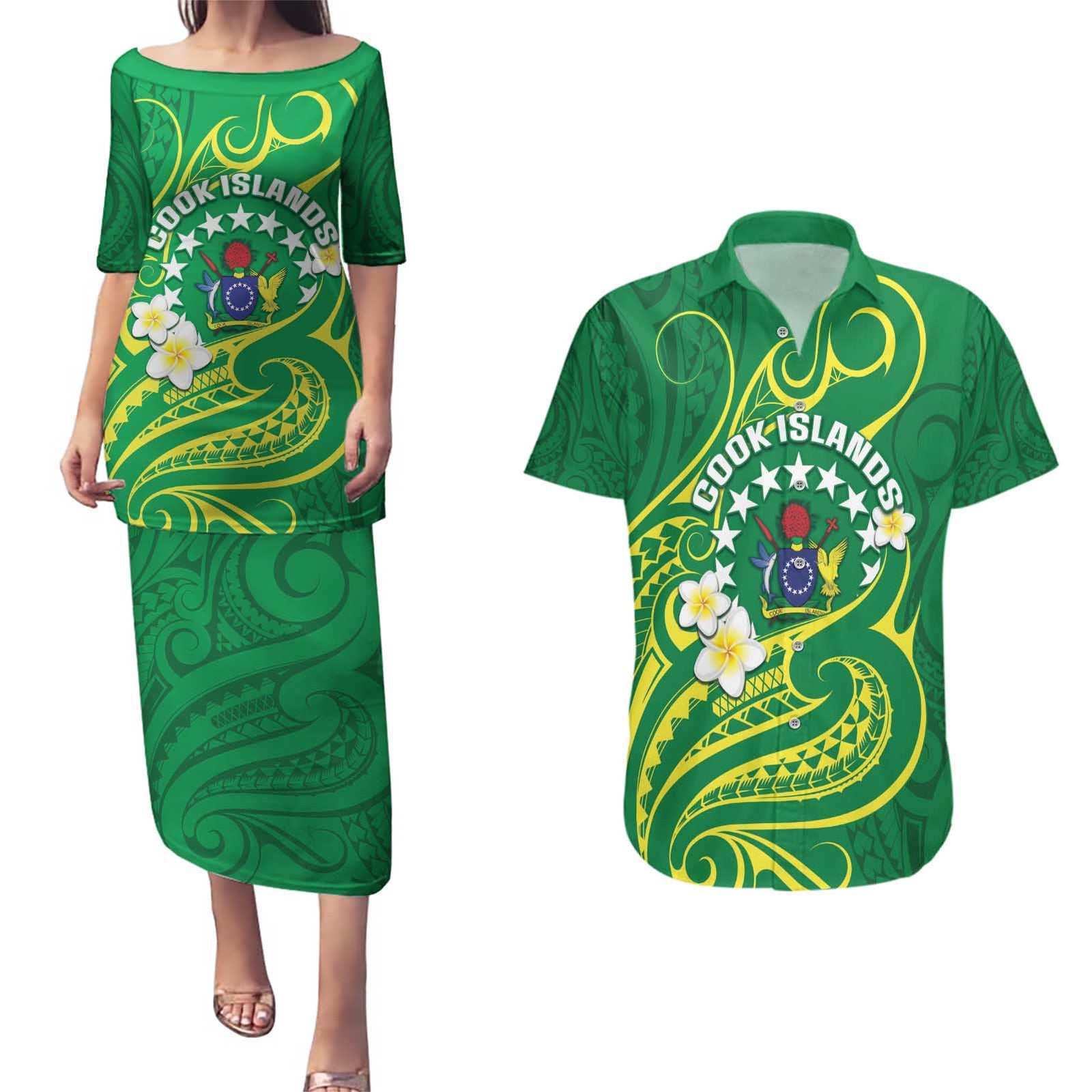 Cook Islands Happy Constitution Day Couples Matching Puletasi and Hawaiian Shirt Pattern Tribal Art
