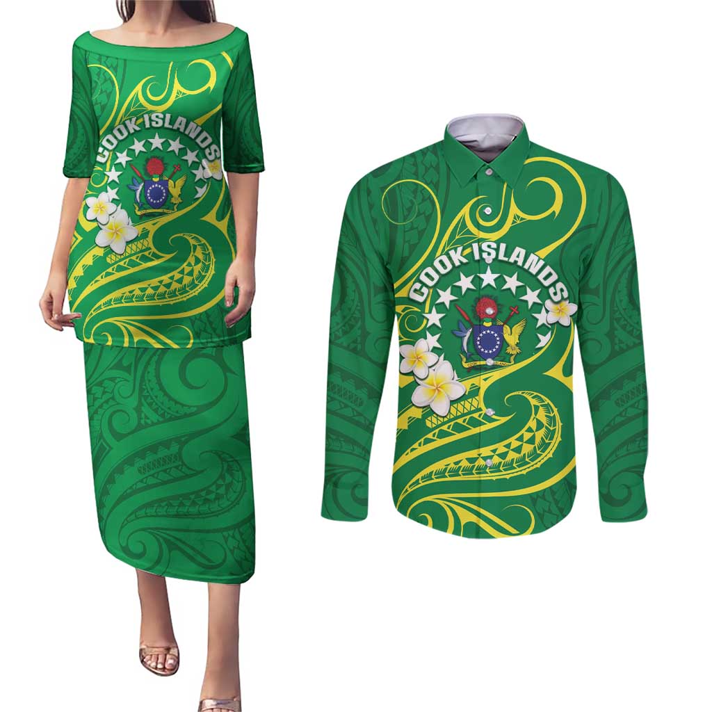 Cook Islands Happy Constitution Day Couples Matching Puletasi and Long Sleeve Button Shirt Pattern Tribal Art