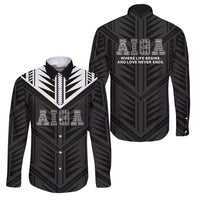 Samoa Aiga Family Matching Off The Shoulder Long Sleeve Dress and Hawaiian Shirt Samoan Tribal Pattern LT05 Dad's Shirt - Long Sleeve Black - Polynesian Pride