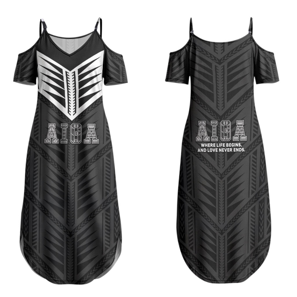 Samoa Aiga Family Matching Summer Maxi Dress and Hawaiian Shirt Samoan Tribal Pattern LT05 Mom's Dress Black - Polynesian Pride