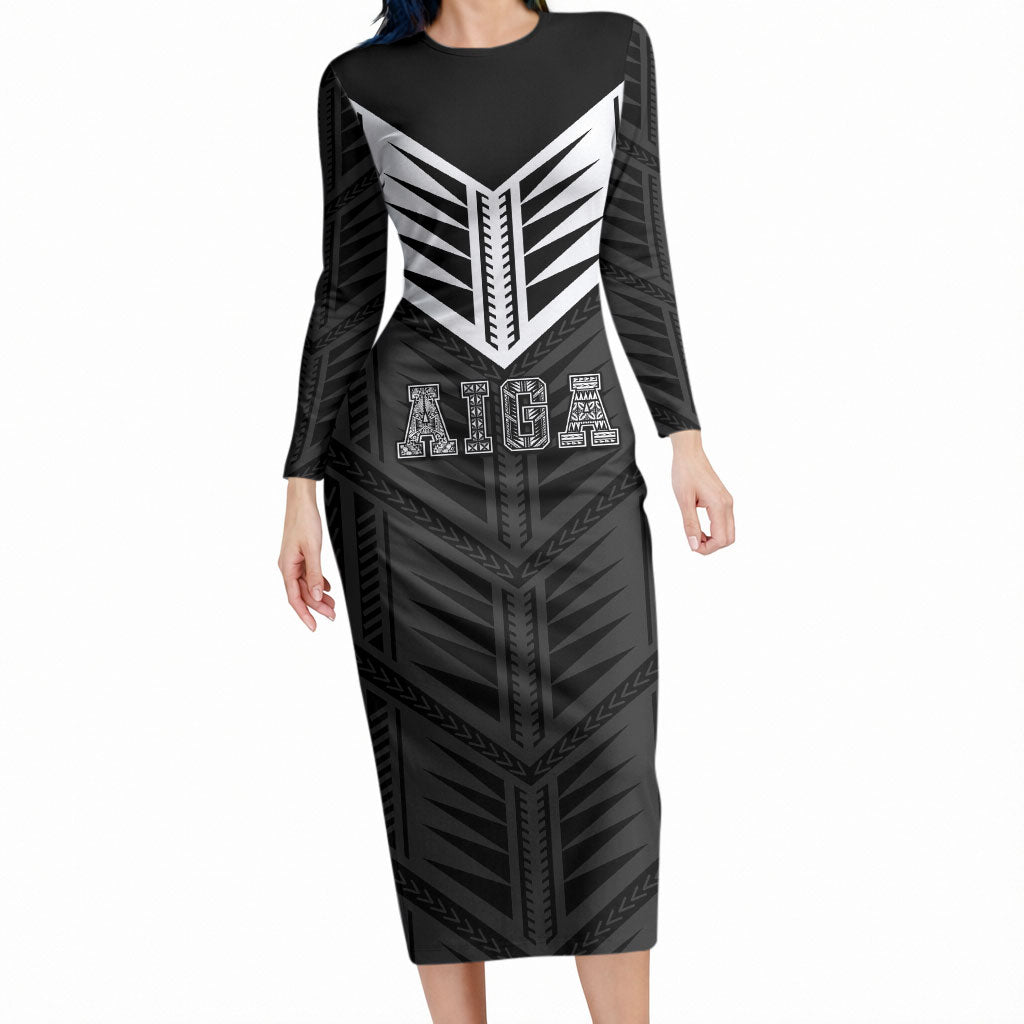 Samoa Aiga Long Sleeve Bodycon Dress Samoan Tribal Pattern LT05 Long Dress Black - Polynesian Pride