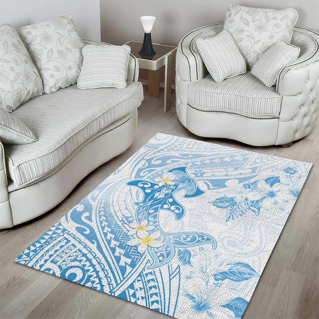 Polynesia Hammerhead Shark Area Rug Tropical Flowers Tribal Pattern Blue