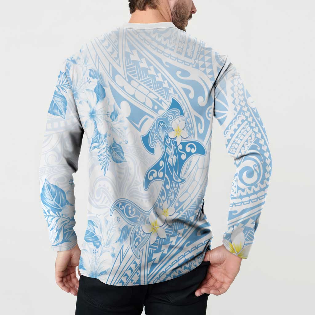Polynesia Hammerhead Shark Button Sweatshirt Tropical Flowers Tribal Pattern Blue LT05 - Polynesian Pride