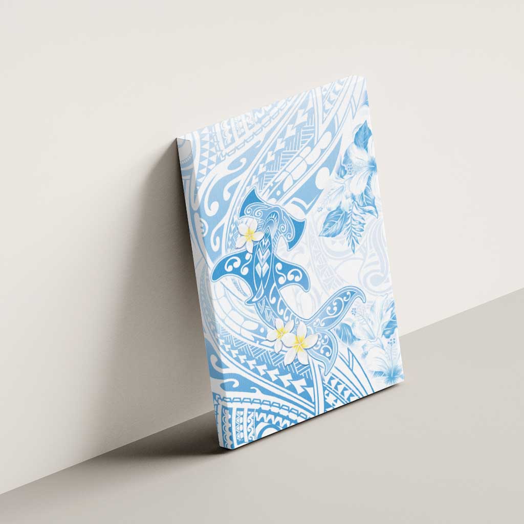 Polynesia Hammerhead Shark Canvas Wall Art Tropical Flowers Tribal Pattern Blue