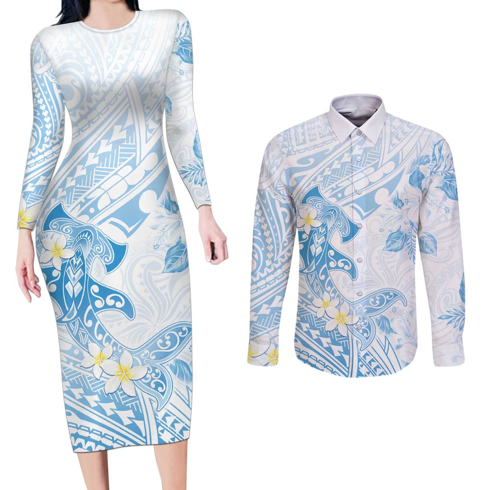 Polynesia Hammerhead Shark Couples Matching Long Sleeve Bodycon Dress and Long Sleeve Button Shirt Tropical Flowers Tribal Pattern Blue