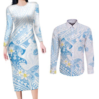 Polynesia Hammerhead Shark Couples Matching Long Sleeve Bodycon Dress and Long Sleeve Button Shirt Tropical Flowers Tribal Pattern Blue