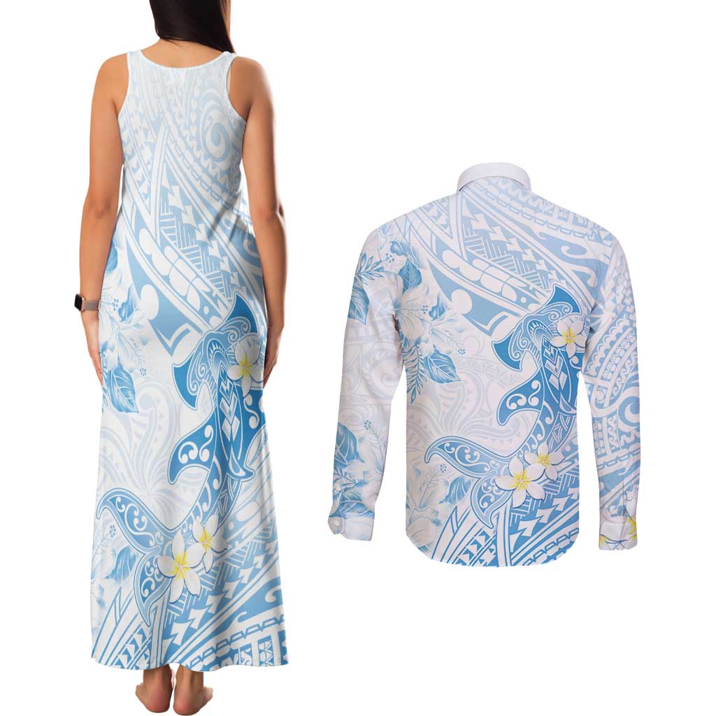 Polynesia Hammerhead Shark Couples Matching Tank Maxi Dress and Long Sleeve Button Shirt Tropical Flowers Tribal Pattern Blue