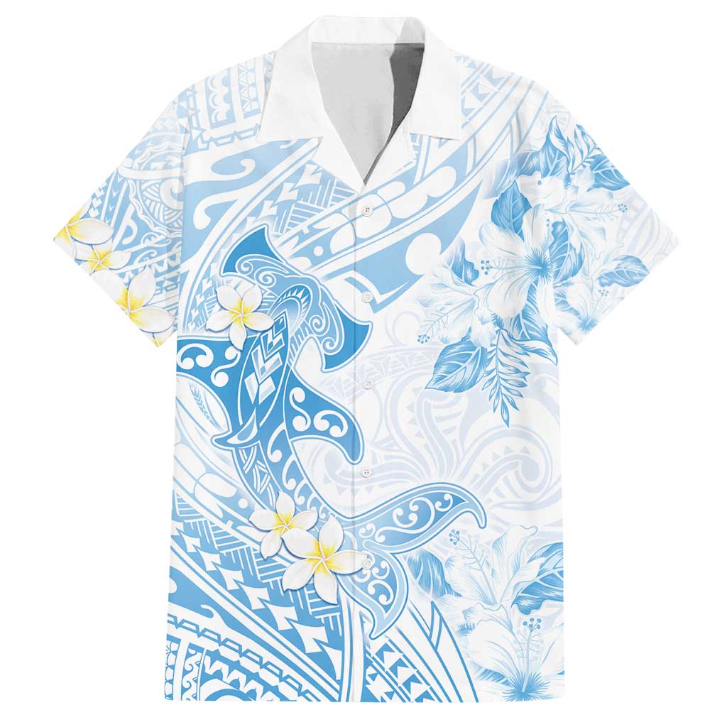 Polynesia Hammerhead Shark Family Matching Long Sleeve Bodycon Dress and Hawaiian Shirt Tropical Flowers Tribal Pattern Blue