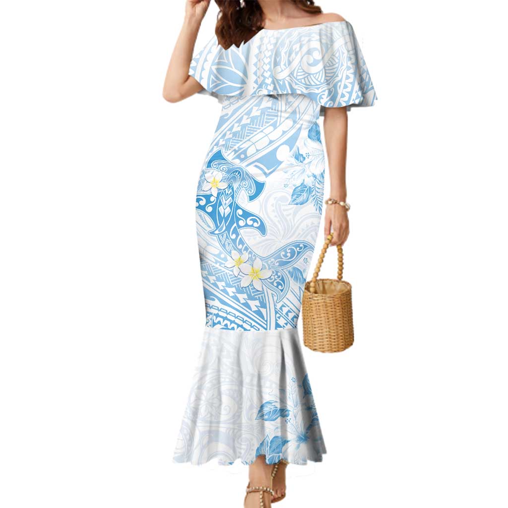 Polynesia Hammerhead Shark Family Matching Mermaid Dress and Hawaiian Shirt Tropical Flowers Tribal Pattern Blue