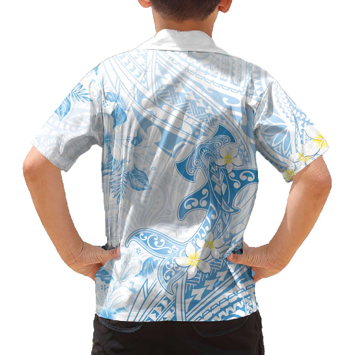 Polynesia Hammerhead Shark Family Matching Puletasi and Hawaiian Shirt Tropical Flowers Tribal Pattern Blue
