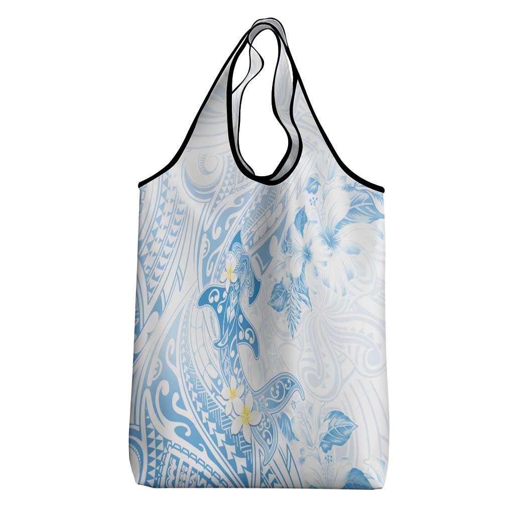 Polynesia Hammerhead Shark Grocery Bag Tropical Flowers Tribal Pattern Blue
