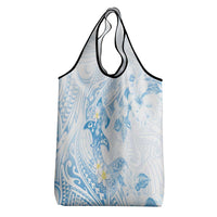 Polynesia Hammerhead Shark Grocery Bag Tropical Flowers Tribal Pattern Blue