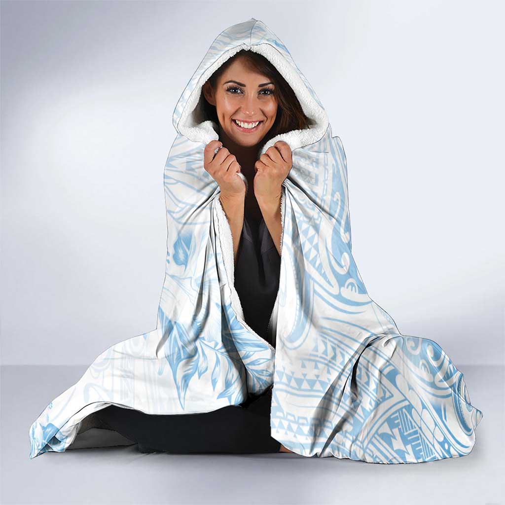 Polynesia Hammerhead Shark Hooded Blanket Tropical Flowers Tribal Pattern Blue