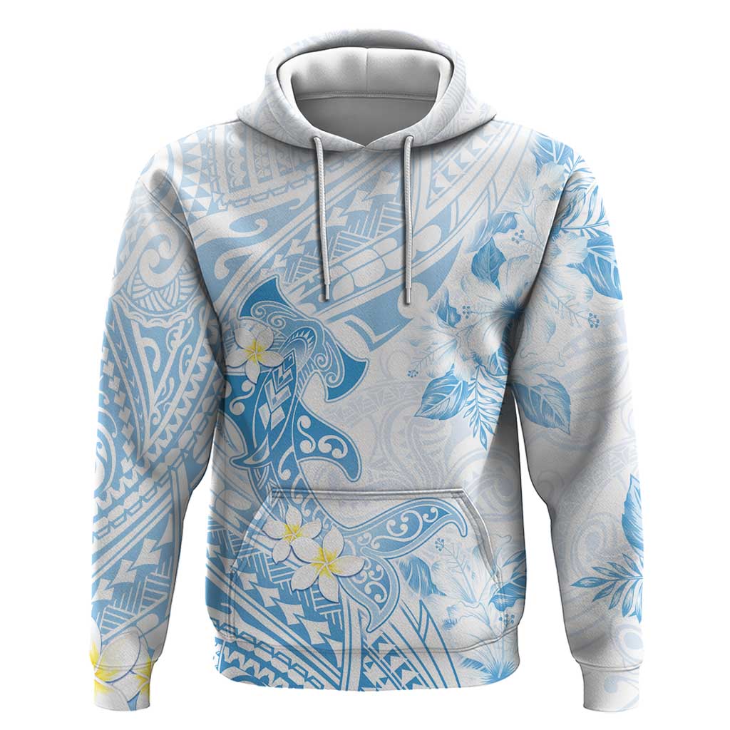 Polynesia Hammerhead Shark Hoodie Tropical Flowers Tribal Pattern Blue