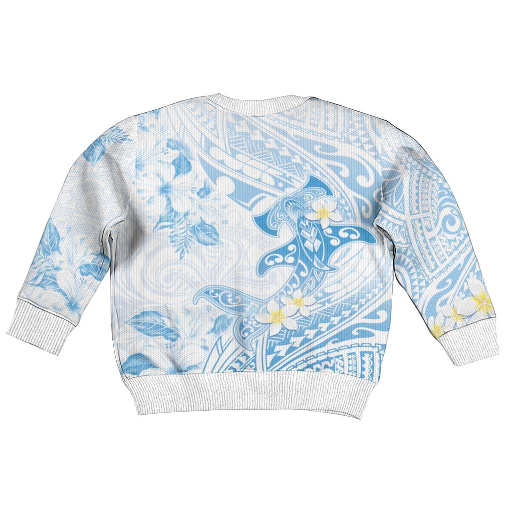 Polynesia Hammerhead Shark Kid Ugly Christmas Sweater Tropical Flowers Tribal Pattern Blue