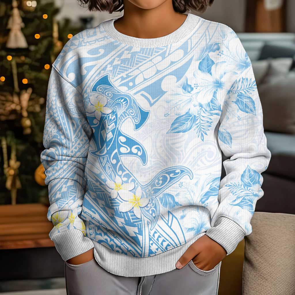 Polynesia Hammerhead Shark Kid Ugly Christmas Sweater Tropical Flowers Tribal Pattern Blue