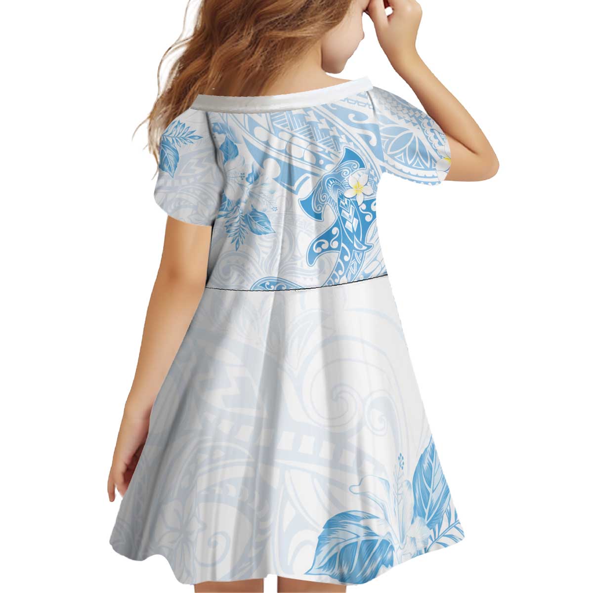 Polynesia Hammerhead Shark Kid Short Sleeve Dress Tropical Flowers Tribal Pattern Blue