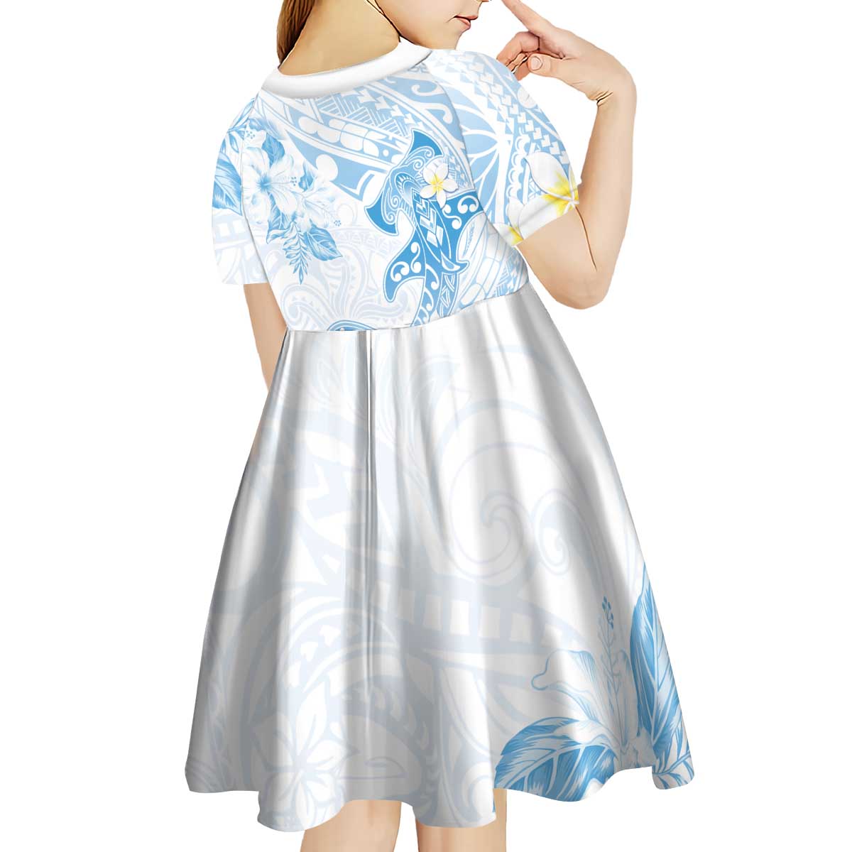 Polynesia Hammerhead Shark Kid Short Sleeve Dress Tropical Flowers Tribal Pattern Blue