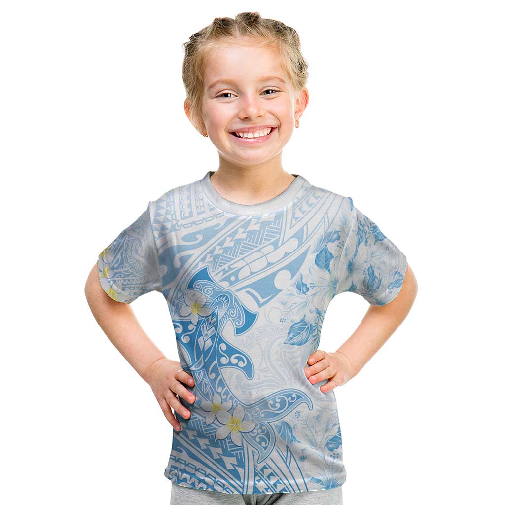 Polynesia Hammerhead Shark Kid T Shirt Tropical Flowers Tribal Pattern Blue