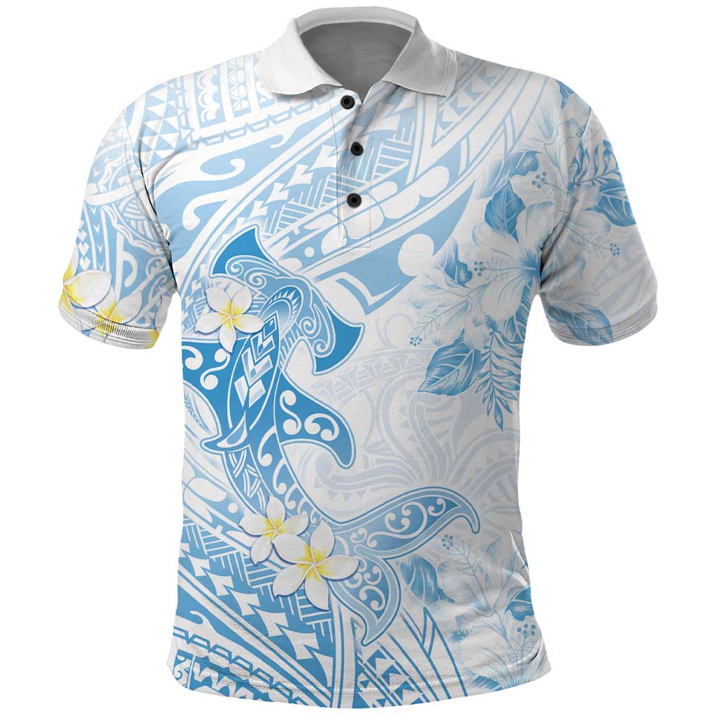 Polynesia Hammerhead Shark Polo Shirt Tropical Flowers Tribal Pattern Blue