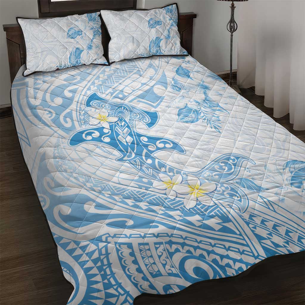 Polynesia Hammerhead Shark Quilt Bed Set Tropical Flowers Tribal Pattern Blue LT05 Blue - Polynesian Pride