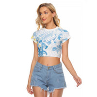 Polynesia Hammerhead Shark Raglan Cropped T Shirt Tropical Flowers Tribal Pattern Blue LT05 Female Blue - Polynesian Pride