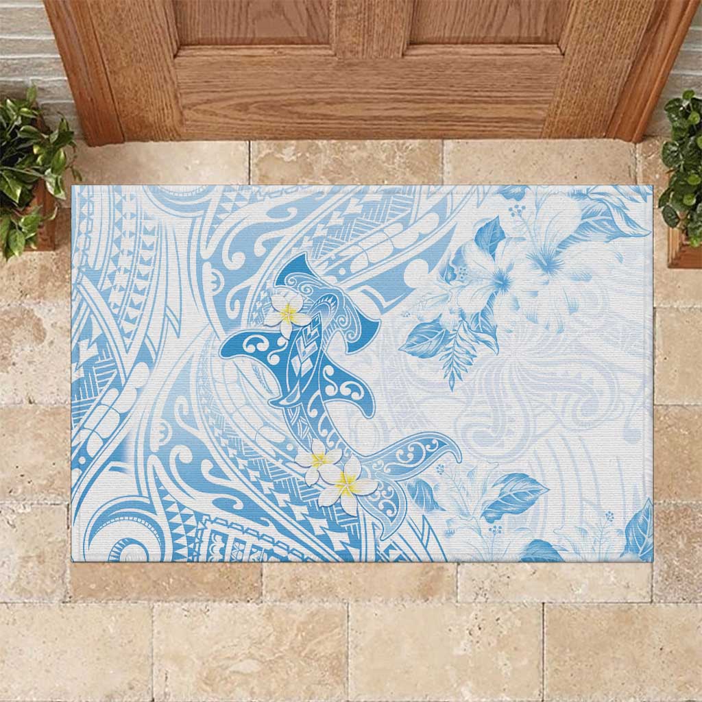 Polynesia Hammerhead Shark Rubber Doormat Tropical Flowers Tribal Pattern Blue LT05 Blue - Polynesian Pride